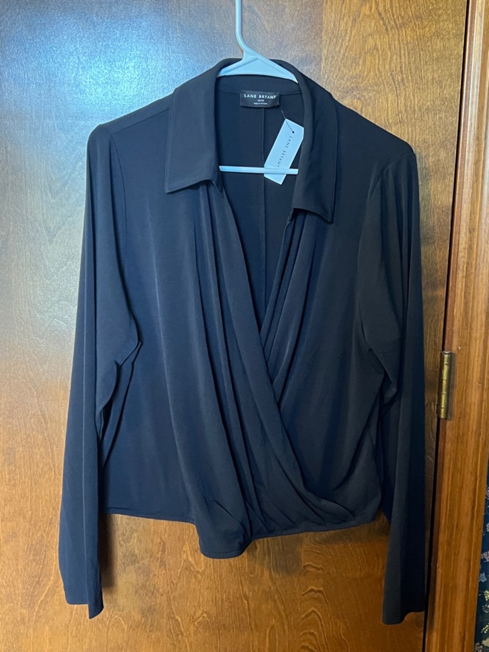 Lane Bryant Black Stretchy Wrap Waist Blouse with Collar
